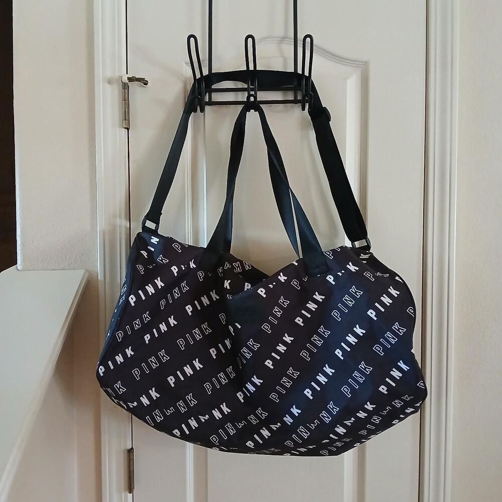 Y2K Style Victoria's Secret PINK Black/White Logo Duffle Bag Travel Gym Basic